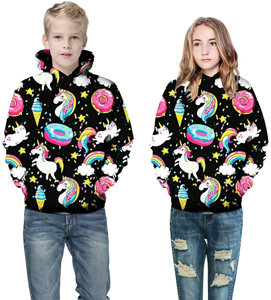 3D Print Realistic Dessert Unicorn Pullover Hoodie Hooded Sweatshirt for Kids