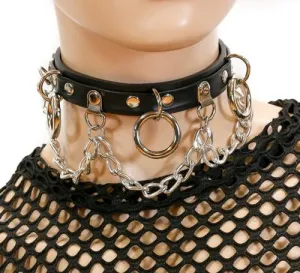 Black Leather Collar w/ Silver O Ring and Hanging Chain Details