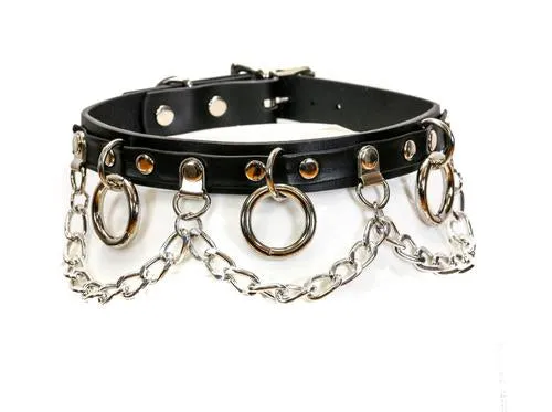 Black Leather Collar w/ Silver O Ring and Hanging Chain Details