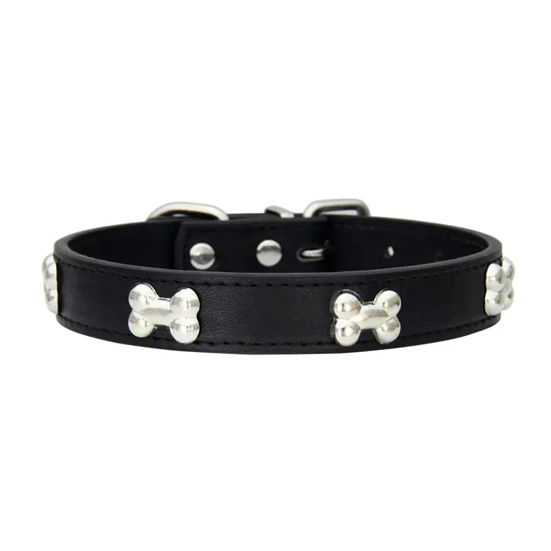 Bone-Accented Leather Dog Collar – Durable and Stylish for Pets