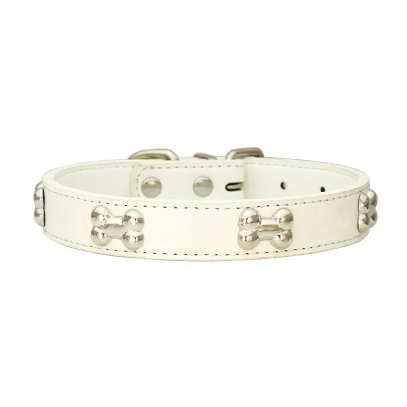 Bone-Accented Leather Dog Collar – Durable and Stylish for Pets