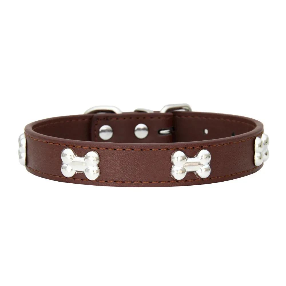 Bone-Accented Leather Dog Collar – Durable and Stylish for Pets