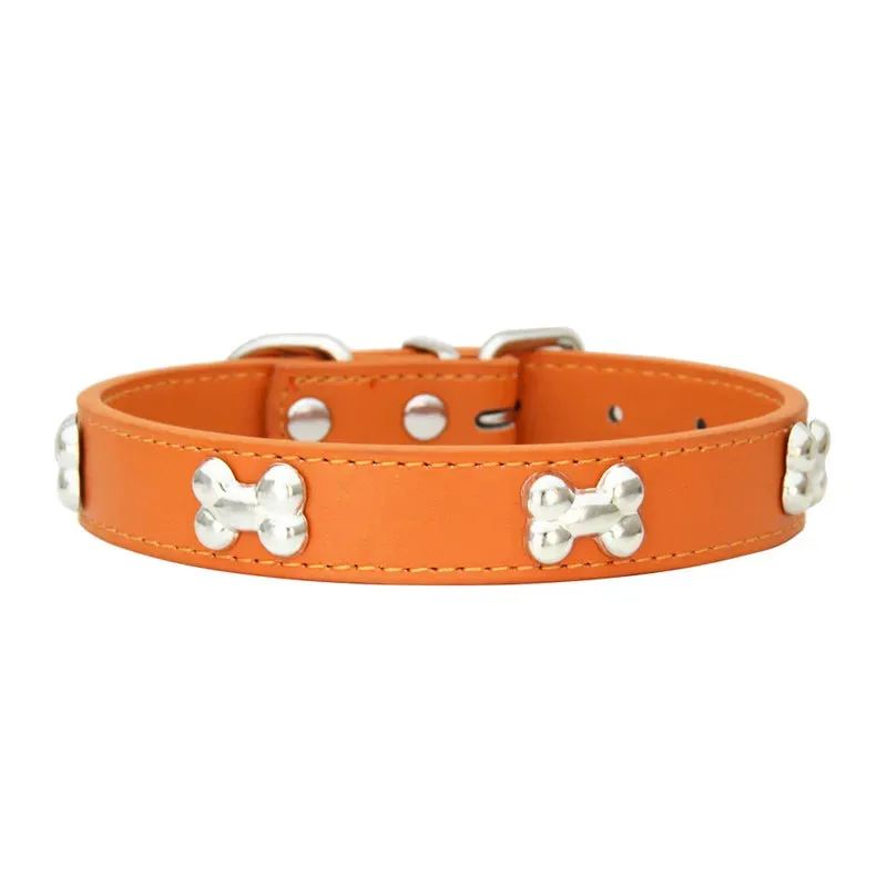 Bone-Accented Leather Dog Collar – Durable and Stylish for Pets
