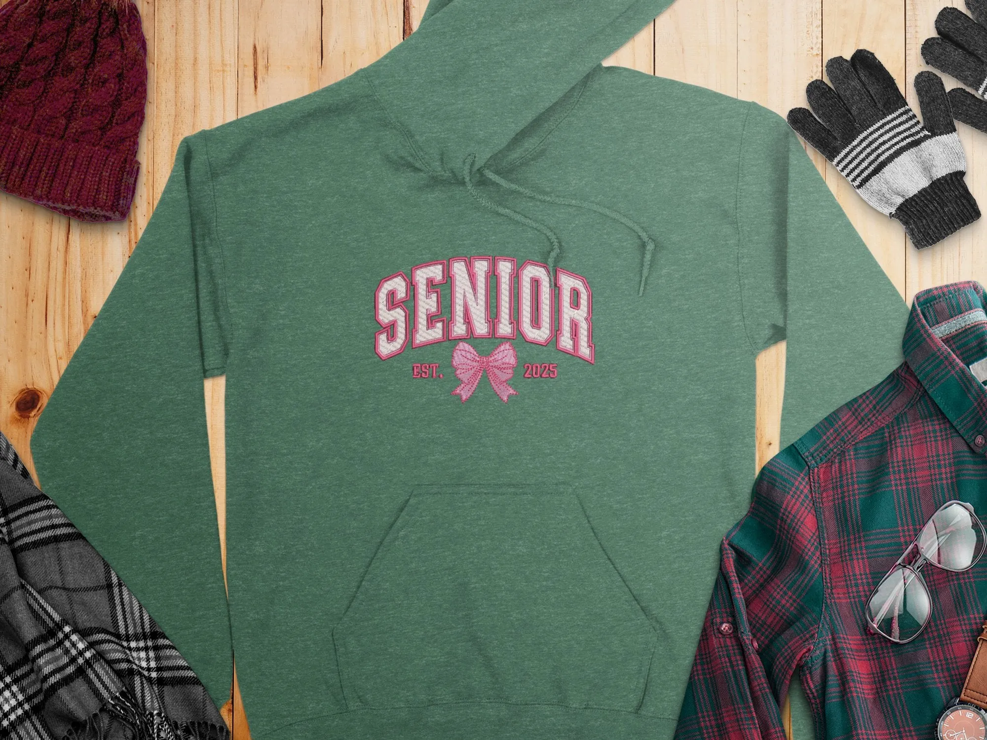 Embroidered Coquette Senior 2025 Est. Pink Bow Hoodies