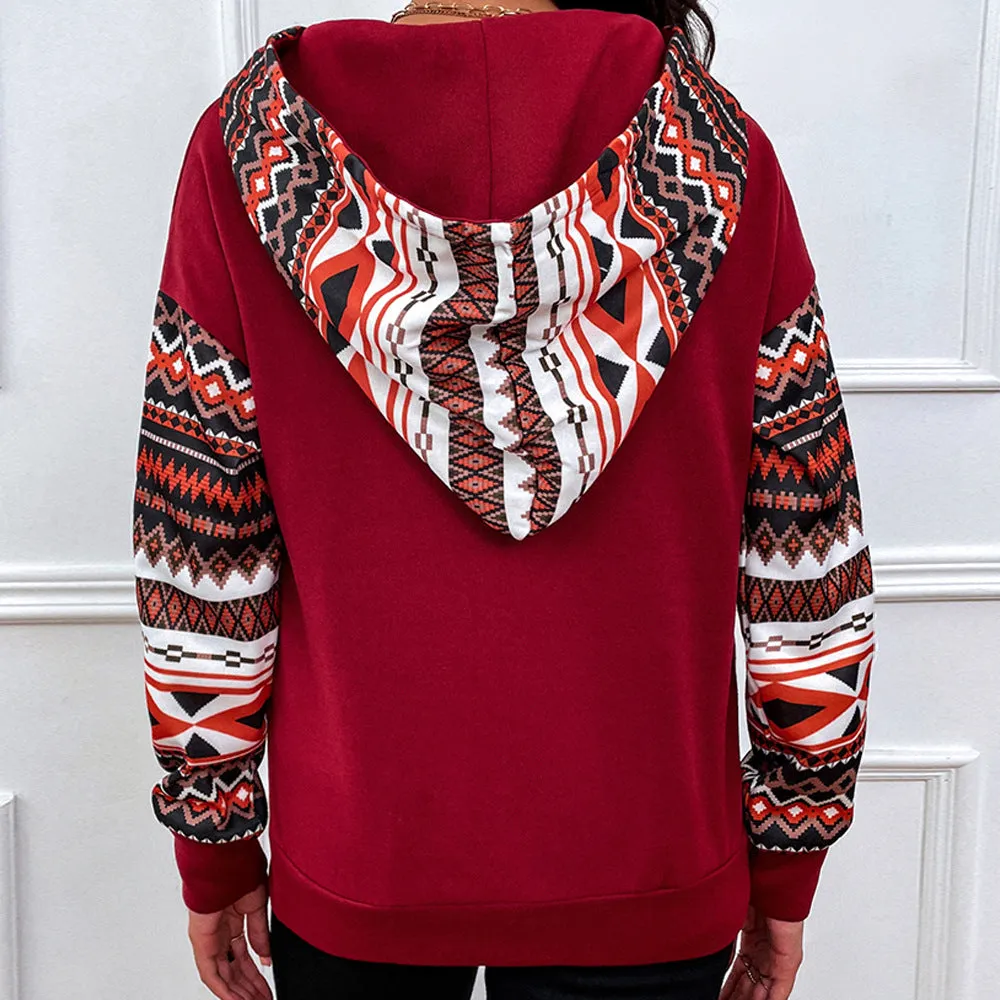 Geometry Print Red Hoodie For Women