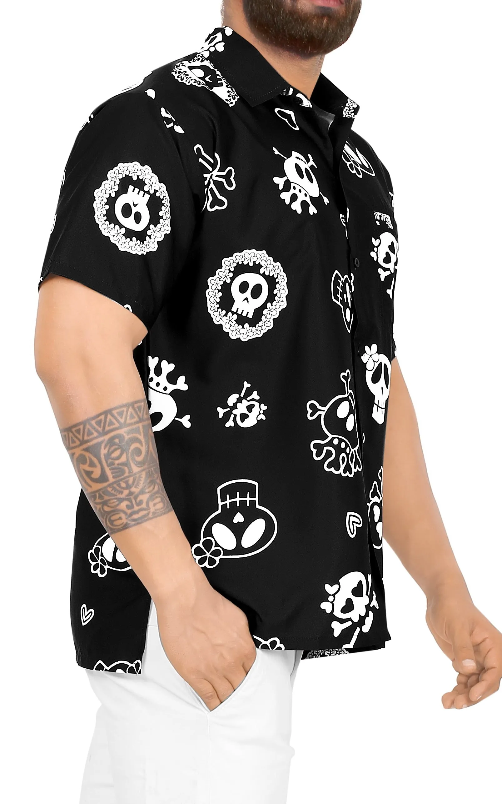 La Leela Men's Causal Halloween Skull Cross & Pirates Scary Printed Black Shirt