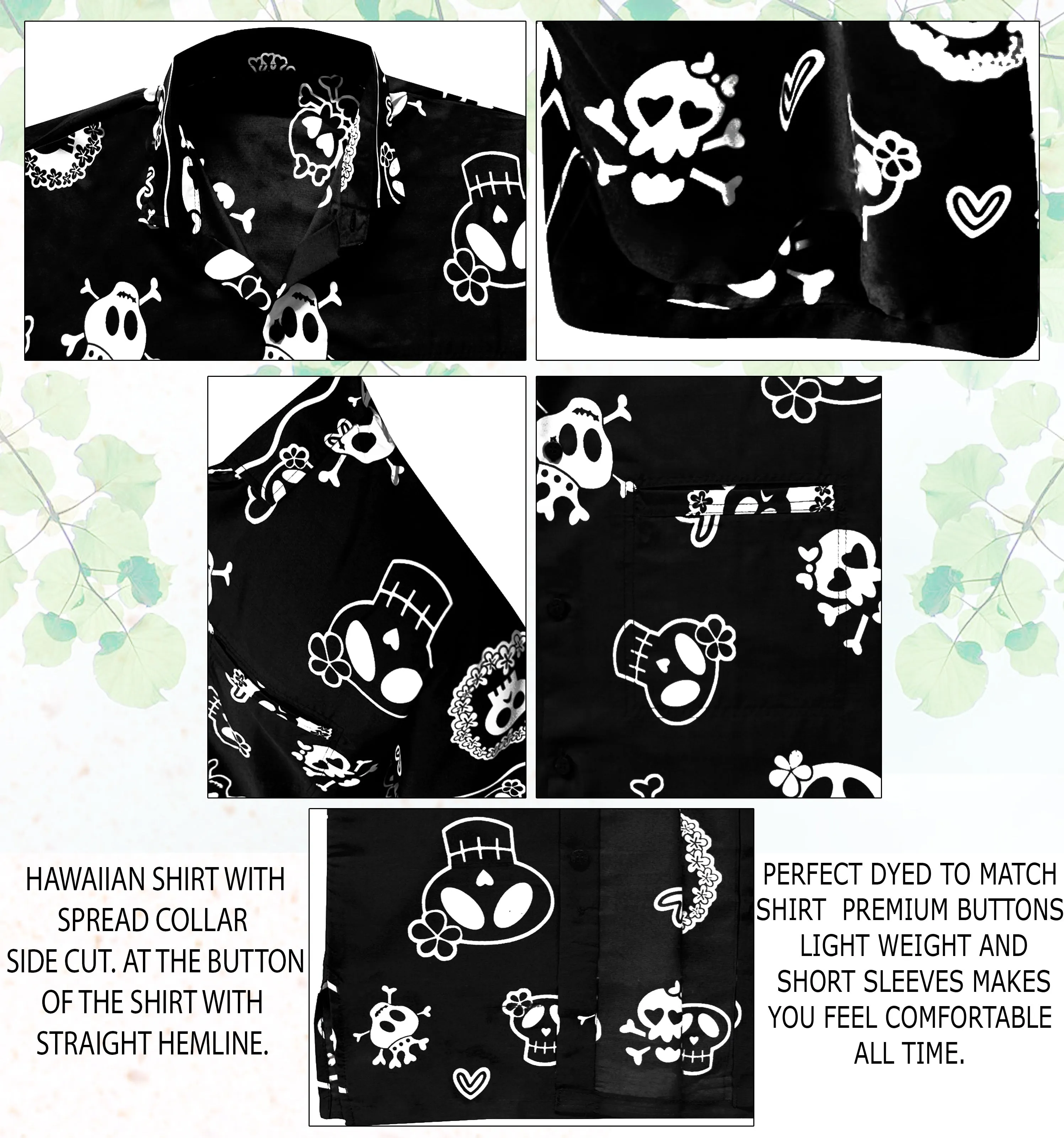 La Leela Men's Causal Halloween Skull Cross & Pirates Scary Printed Black Shirt