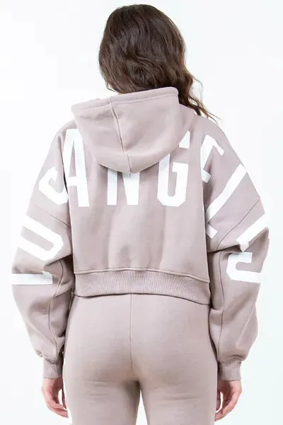 Letter Graphic Long Sleeve Drawstring Cropped Hoodie