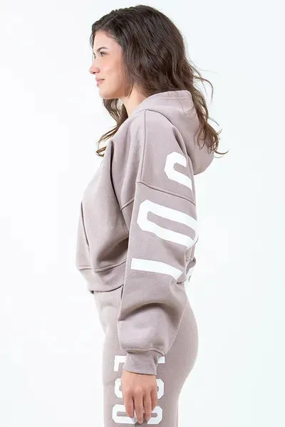Letter Graphic Long Sleeve Drawstring Cropped Hoodie