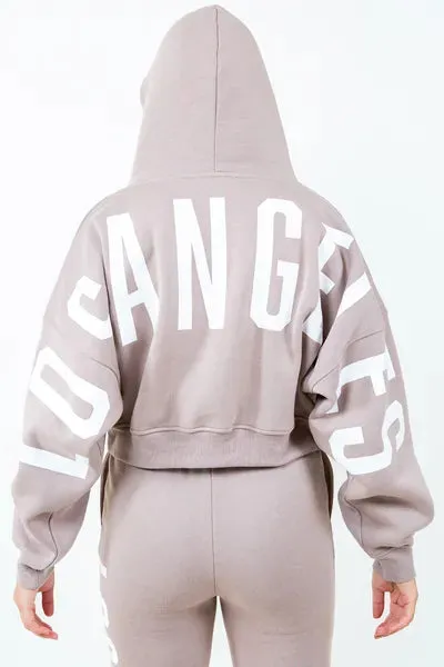 Letter Graphic Long Sleeve Drawstring Cropped Hoodie