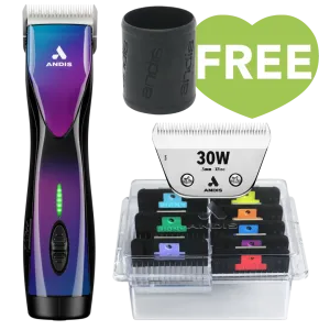 Pulse ZR II Purple Galaxy Clipper with #30W Blade and 8Pc Wide Comb Attachment Bundle by Andis