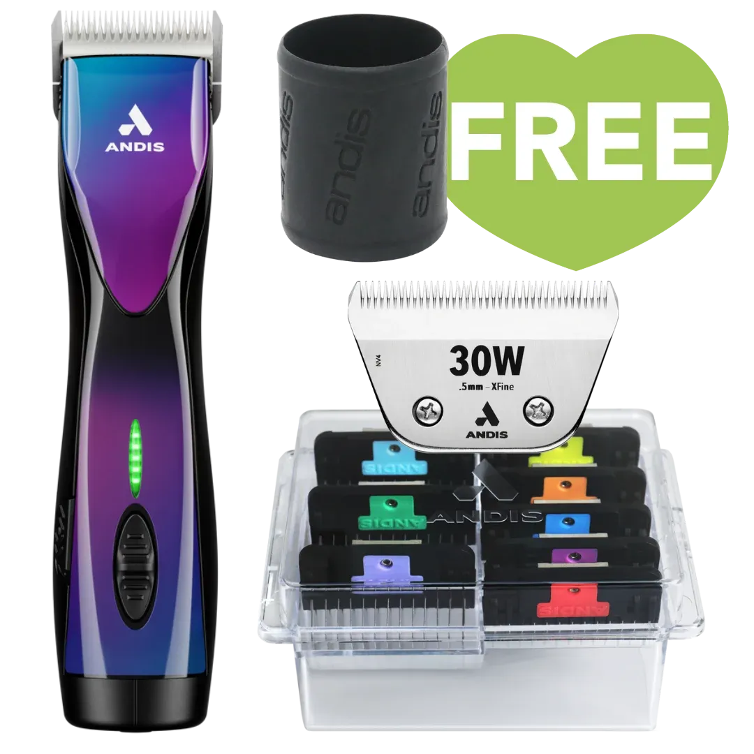 Pulse ZR II Purple Galaxy Clipper with #30W Blade and 8Pc Wide Comb Attachment Bundle by Andis