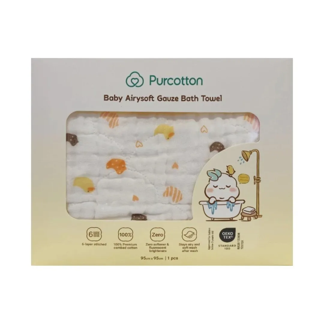 Purcotton Baby Airysoft Gauze Bath Towel 6 Layer Stitched 95cm x 95cm Yellow Duckling